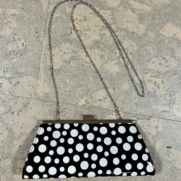 Neiman Marcus Black and White Polka Dot Clutch Evening Bag with Removable Strap - Picture 3 of 9